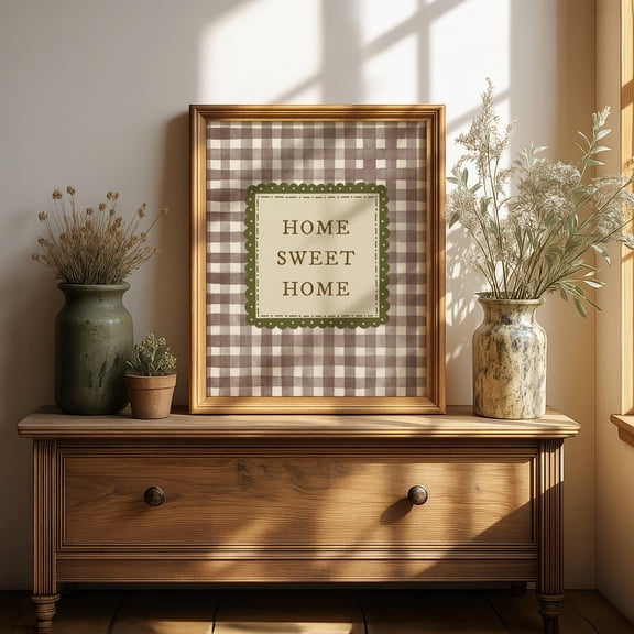 Home Sweet Home Wall Art, Brown Gingham Farmhouse Print, Cozy Cottage Kitchen Decor, Vintage Country Printable Art (Unframed)