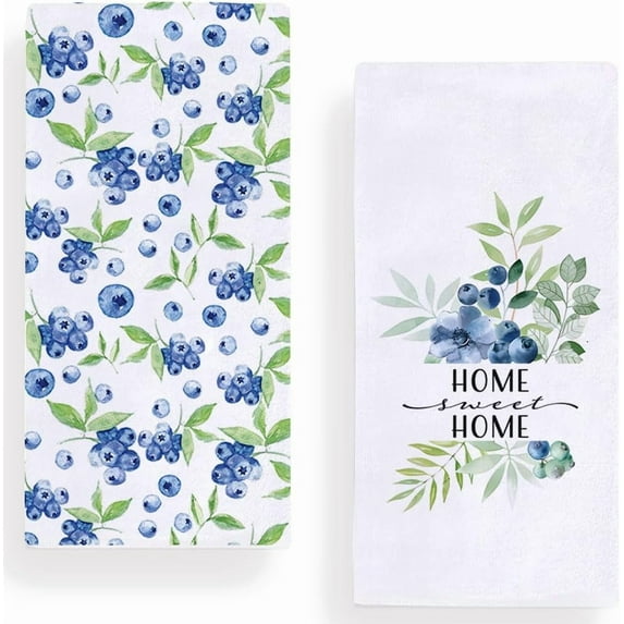 Home Sweet Home Watercolor Blueberry Kitchen Towels Dish Towels, 18x26 Inch Spring Summer Blue Decoration Hand Towels Set of 2