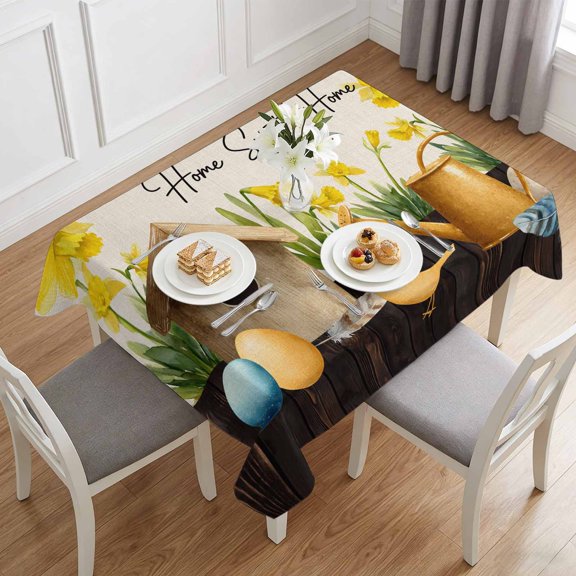 Home Sweet Home Words on Linen Table Cloth 60x84in, Waterproof Rectangle Tablecloth Wipeable Tablecloths Bird Cages Kettles Table Covers for Dining Tables Party Indoor Outdoor