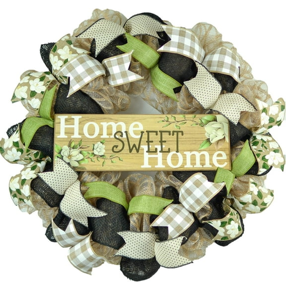 Home Sweet Home Wreath - Magnolia Spring Everyday Door Decor - White Rustic Everyday Black Burlap