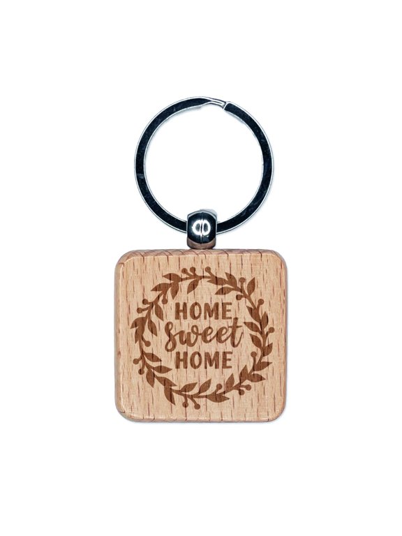 Home Sweet Home Wreath Square Keychain Charm Tag - Engraved Wood