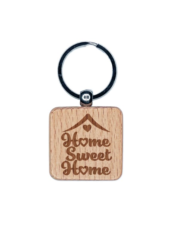 Home Sweet Home with Hearts Square Keychain Charm Tag - Engraved Wood