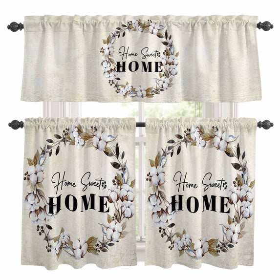 Home Sweet Kitchen Curtains Sets for Windows 24 Inch Length, Wreath Botanical Farmhouse Plants Beige Rod Pocket Window Treatments Tier Curtains and Valances Set for Bedroom/Bathroom