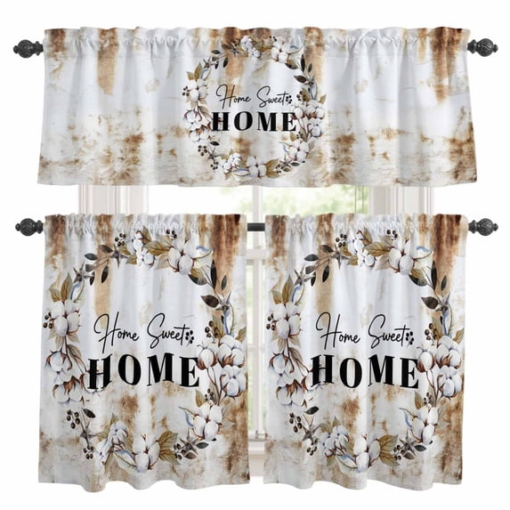 Home Sweet Kitchen Curtains Sets for Windows 24 Inch Length, Wreath Botanical Farmhouse Plants Gradient Brown Rod Pocket Window Treatments Tier Curtains and Valances Set for Bedroom/Bathroom
