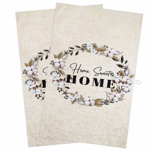 Home Sweet Kitchen Towels, Absorbent Microfiber Kitchen Dish Hand Tea Bath Towel, Wreath Botanical Farmhouse Plants Beige Quick Dry Cleaning Cloth Dishclothes Decorative Sets, (2-PC, 18x28)