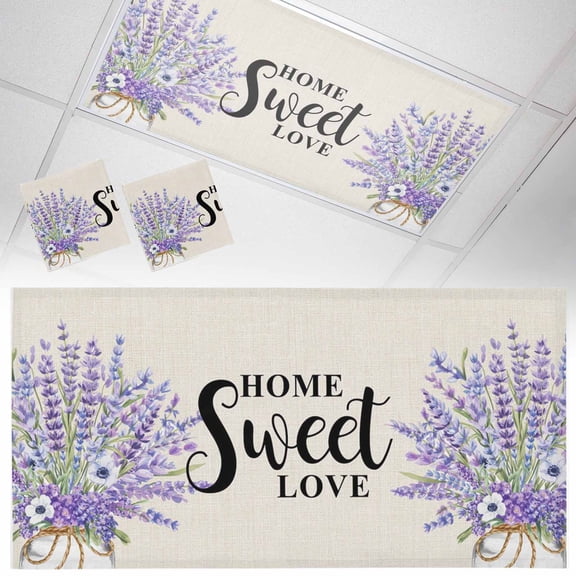 Home Sweet Love Fluorescent Light Covers Watercolor Purple Lavender Bottle Spring Floral Linen Texture Magnetic Light Filters Ceiling Lighting Panel Shade for Classroom Office Home 2 x 4 ft, 2 Pack
