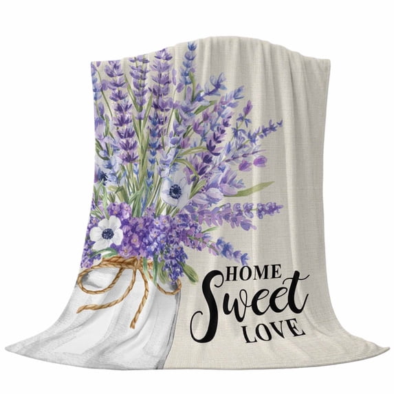 Home Sweet Love Throw Flannel Blanket Watercolor Purple Lavender Bottle Spring Floral Linen Texture Super Soft Cozy Bed Blanket, Lightweight Plush Fuzzy Bed Throw for Bedroom Sofa Couch 50x60In,