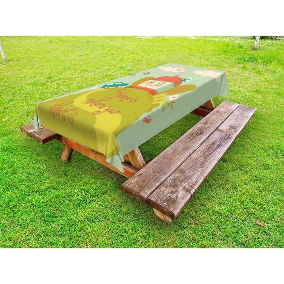 Home Sweet Home Outdoor Tablecloth, Home Is Where Your Heart Is Inspirational Text Cute House on the Hilltop, Decorative Washable Fabric Picnic Tablecloth, 58 X 104 Inches, Multicolor, by Ambesonne