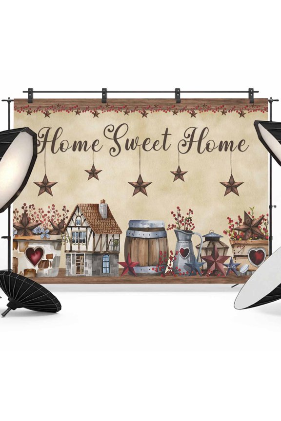 Home Sweet Photography Backdrop 7x5FT, Home Retro Country Star House Barrel Farm Photo Backdrops, Background for Photography Studio Photo Studio Background, Back Drop for Photoshoot
