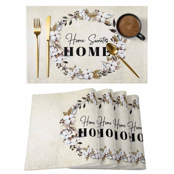 Home Sweet Placemats Set of 4, Wreath Botanical Farmhouse Plants Beige Placemats for Dining Table, Place Mats for Kitchen Tabletop, Waterproof Wipeable Dining Table Mats Set
