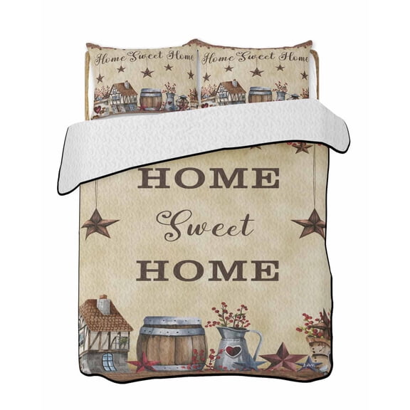 Home Sweet Quilts Bedding Set Twin Size Home Retro Country Star House Barrel Farm Lightweight Quilted Bedspread 3 Piece Bed Quilt with 2 Pillow Shams All Season for Bedroom 68" x 86"