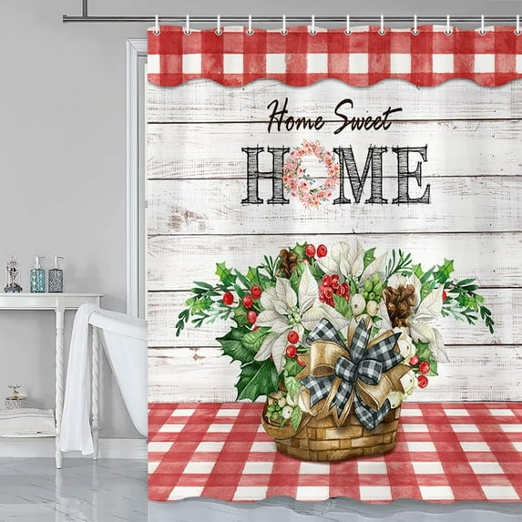 Home Sweet Home Shower Curtain, Farmhouse Winter Shower Curtain with Accessories, Red and White Buffalo Plaid Checked Shower Curtain Sets for Bathroom with Hooks, 72X72in