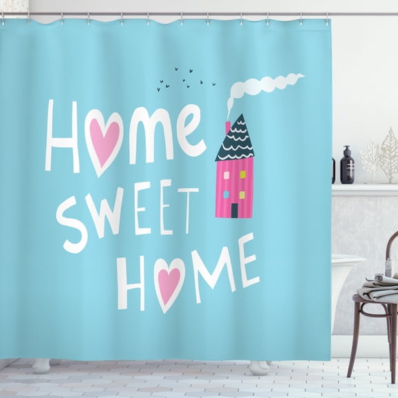Home Sweet Home Shower Curtain, Image of House with Chimney and Smoke with Home Sweet Home Quote and Hearts, Fabric Bathroom Set with Hooks, 69W X 70L Inches, Multicolor, by Ambesonne