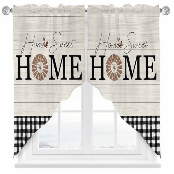 Home Sweet Swag Curtain Valance for Windows, Letter Wood Grain Checkered Farmhouse Decor Window Treatments Short Swag Topper for Kitchen Windows Bathroom Bedroom, 36"x36"
