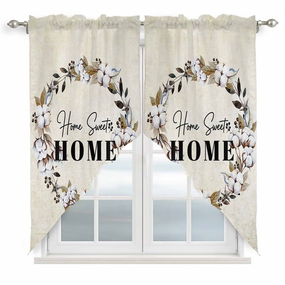 Home Sweet Swag Curtains for Kitchen/Bedroom/Living Room, Wreath Botanical Farmhouse Plants Beige Scalloped Curtains 63 Inch Long, Rod Pocket Window Swag Topper Curtains Valances 2 Panels Set 36"x63"