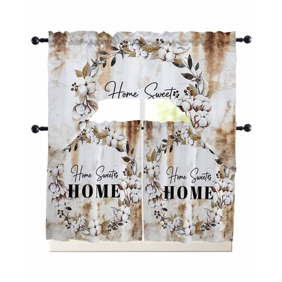 Home Sweet Swag Kitchen Curtains Sets for Windows 24 Inch Length, Wreath Botanical Farmhouse Plants Gradient Brown Short Window Curtain Swags Valances and Tiers 3 Piece Set for Cafe/Dining Room