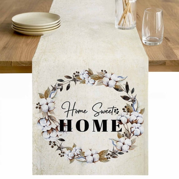 Home Sweet Table Runner - 108 Inch Long Wreath Botanical Farmhouse Plants Beige Cotton and Linen Blended Dress Scarves Farmhouse Table Runner for Kitchen Dining, Coffee Table, 13" x 108"