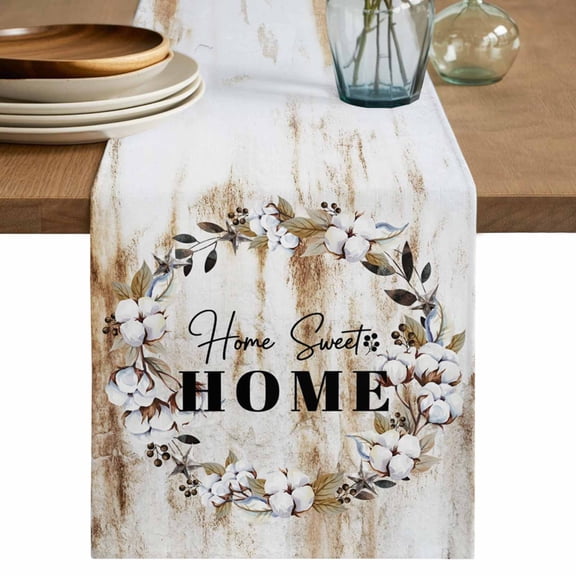 Home Sweet Table Runner 90 Inches, Wreath Botanical Farmhouse Plants Gradient Brown Bed Runner Dresser Scarves Tabletop for Indoor Outdoor Parties/Ceremony/Banquet, 13" x 90"