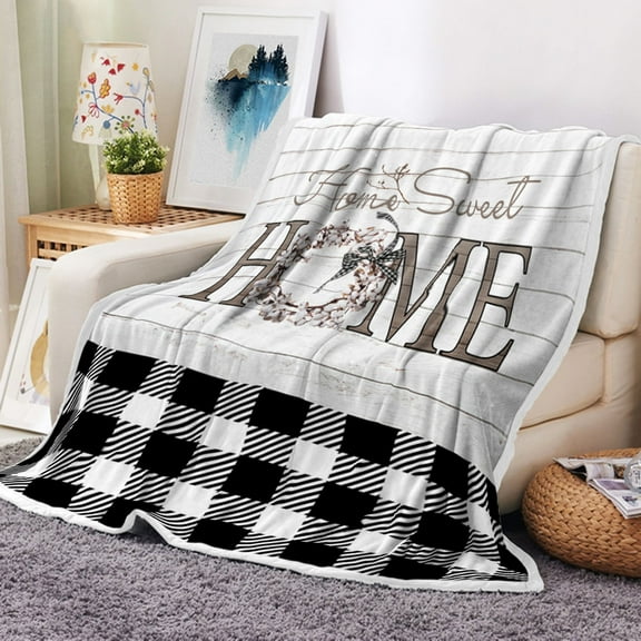 Home Sweet Throw Blanket, Black and White Buffalo Plaid Farmhouse, Flannel Bed Throw Blanket, Plush Warm Throw Blankets for Couch Sofa Bed Throws Gozy Sofa Bed Camping Travel