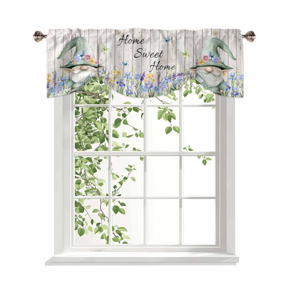 Home Sweet Tie Up Valances Curtain, Adjustable Kitchen Gnome Butterfly Pink Flowers Wooden Board Valances for Windows Decor, Rod Pocket Short Curtains Set for Bedroom/Bathroom, 42"x12"