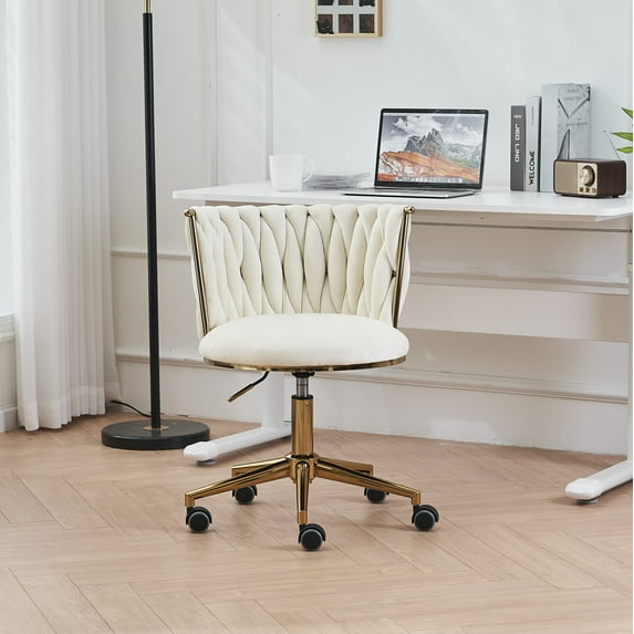 Home Swivel Office Desk Chair, Adjustable Height Velvet Upholstered Vanity Armchair with Wheels, Comfy Computer Task Chair for Living Room, Bedroom, Office, Study, Beige