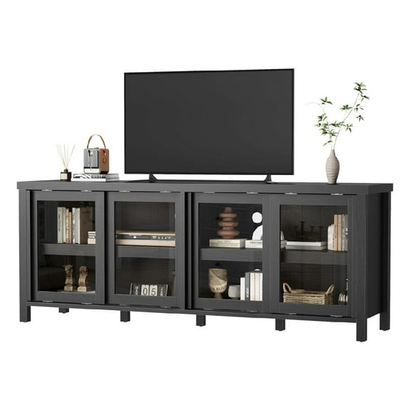 Home TV Stand for 65 Inch, Entertainment Center with Storage Cabinet and 4 Sliding Glass Doors, Mid Century Modern Media TV Console Table for Living Room Bedroom