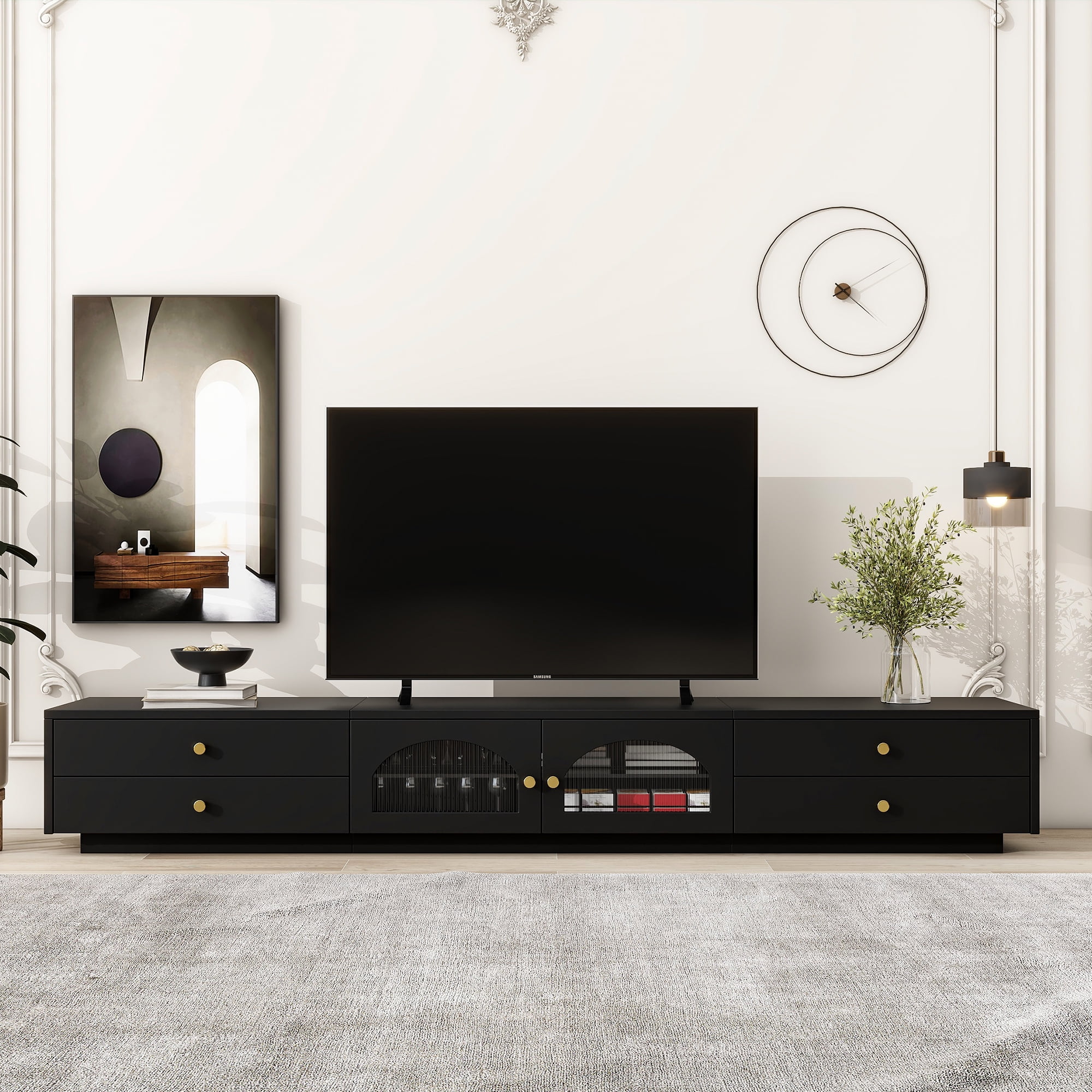 Home TV Stand With Fluted Glass Doors Multi-functional Media Console ...