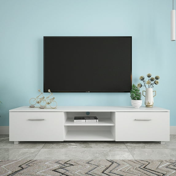 Home TV Stand for TVs up to 70 inch, TV Cabinet with Double Door and 2 Open Shelves, White, D4667