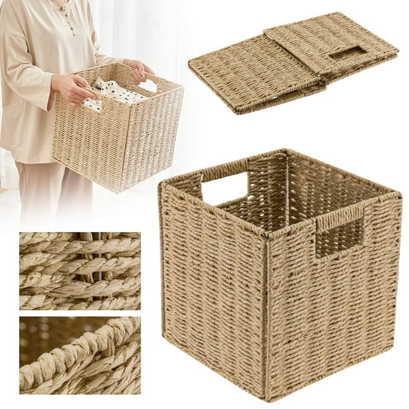 Home Textile Storage,Foldable Storage Baskets Set Of 2 Natural Wicker Organizer With Handles For Home Bathroom Nursery Or Laundry (9.6” X 9.6” X 9.6”)