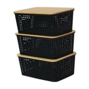 Home Textile Storage Storage Case Plastic Hollow Storage Basket With Bamboo Cover,Black