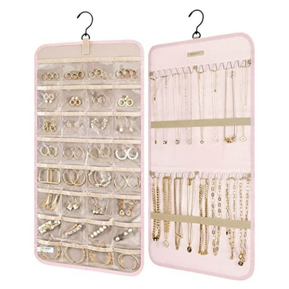 Home Textile Storage Storage Case Portable Hanging Jewelry Storage With Metal Hooks Necklace Holder Double-Sided Jewelry Holder Pink A
