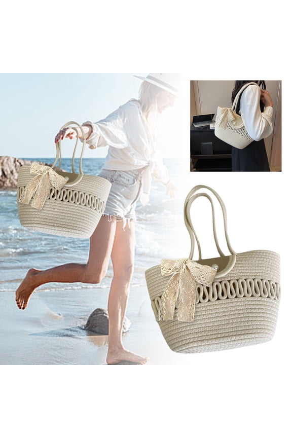 Home Textile Storage Stylish Handheld Rope Bag, with Lace and Buckle, Indoor Outdoor Use, Shopping Travel, Woven Thread