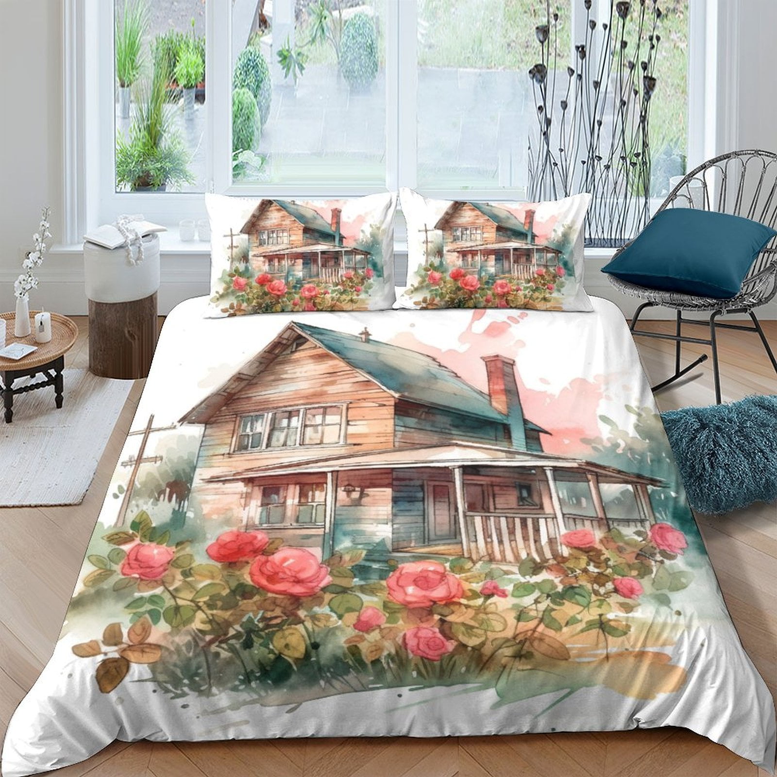 Home Textiles Garden Flower House Printed Comforter Cover Set Girl