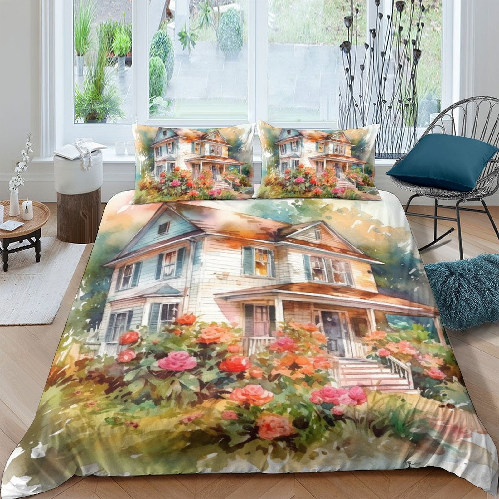 Home Textiles Garden Flower House Printed Comforter Cover Set Girl
