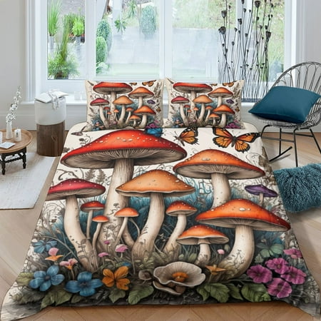 Home Textiles Mushroom Printed Bedspreads Duvet Cover Pillowcase for All Seasons,California King (98"x104")