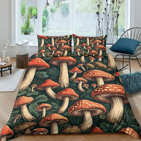 Home Textiles Mushroom Printed Bedspreads Duvet Cover Pillowcase for All Seasons,Full (80"x90")
