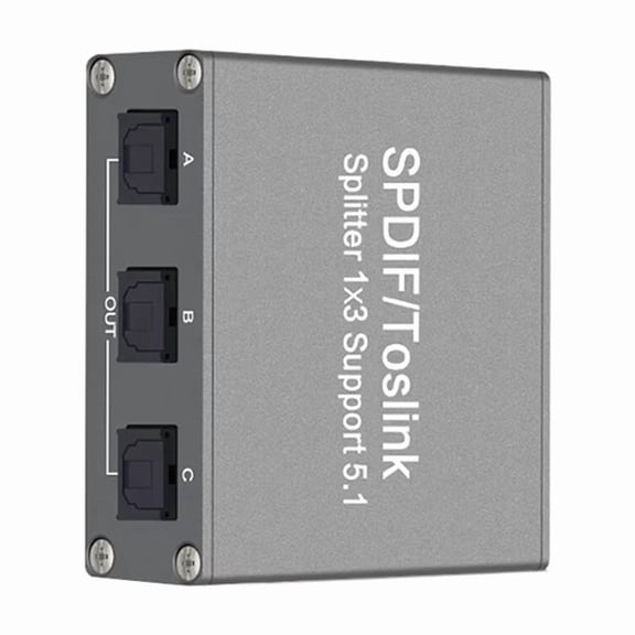 Home Theater 1x3 SPDIF Toslink Optical Audio Splitter with USB Cable, English Instruction Manual, Gray Metal Enclosure