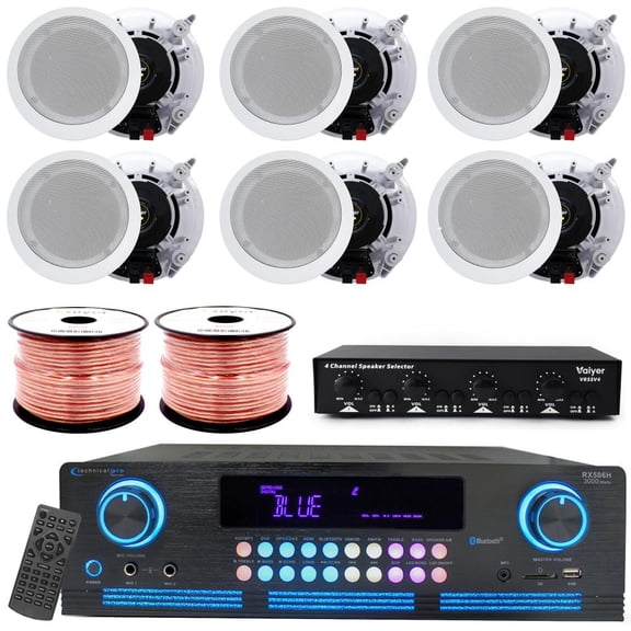 Home Theater 2000W Bluetooth Audio System Kit with 6x 8" Ceiling Speakers, 4-Ch Speaker Selector with Volume Control, 500 ft Speaker Wire and Remote for Home Office Use