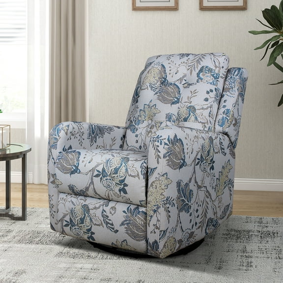 Home Theater 360 Swivel Rocking Recliner Glider Rocker Chair Nursery Backrest Footrest Floral Fabric Armchair Sofa for Living Room Entertainment Blue