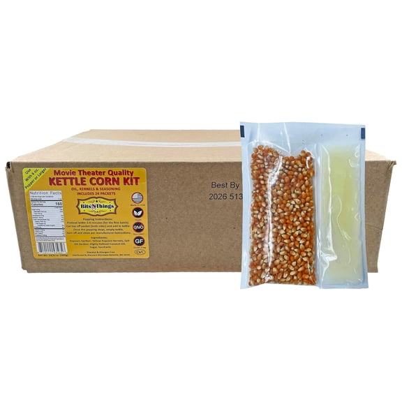 Home Theater All in One Kettle corn Kit For 6 oz. Popper | Portion Packets with Kernels, Oil and Seasoning | By Bits N Things | Pack of 24