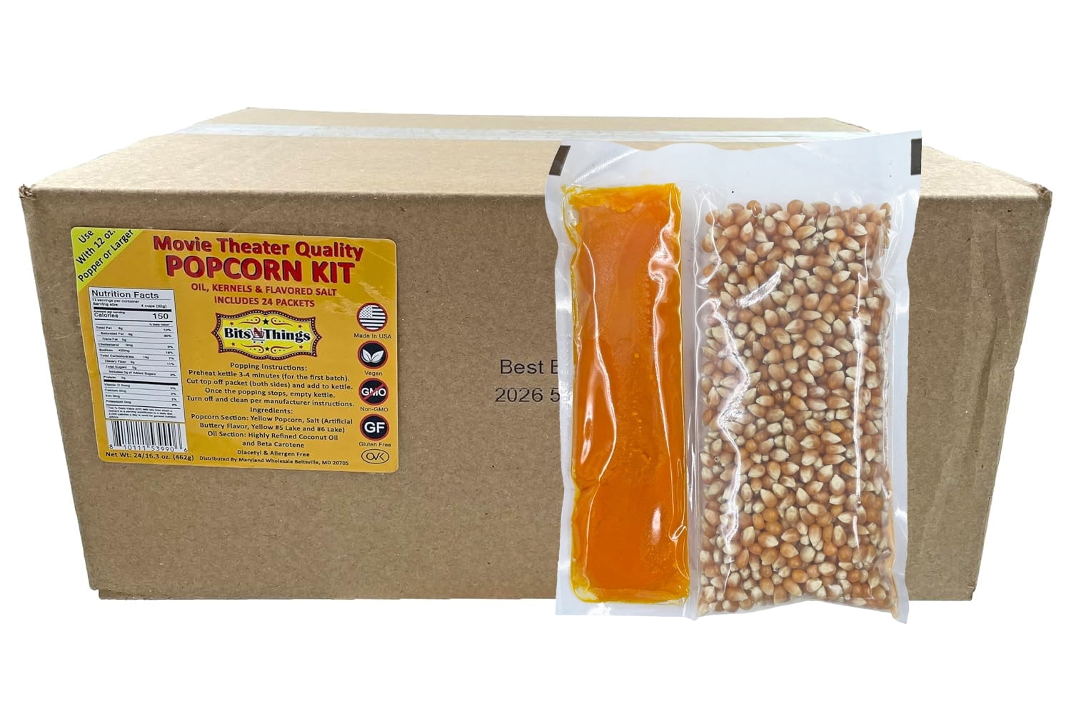Home Theater All in One Popcorn Kit For 12 oz. Popper | Portion Packets with Kernels, Oil and Flavored Salt | By Bits N Things | Pack of 24