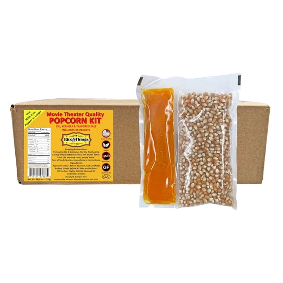 Home Theater All in One Popcorn Kit For 6 oz. Popper | Portion Packets with Kernels, Oil and Flavored Salt | By Bits N Things | Pack of 36
