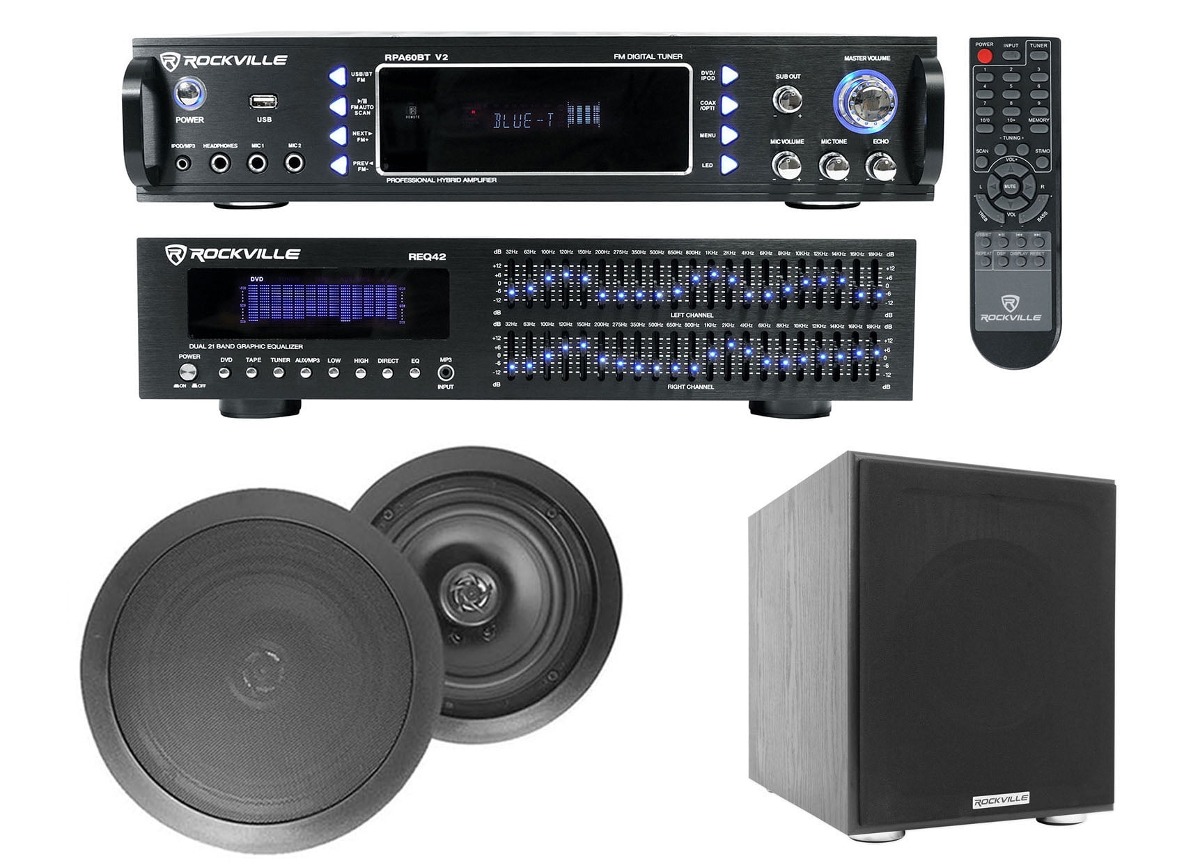 Home Theater Bluetooth Receiver+EQ+ (2) Black Ceiling Speakers+8" Subwoofer