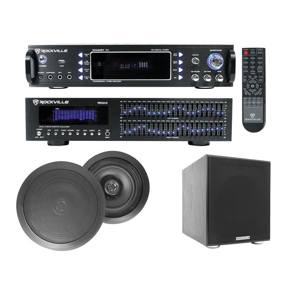 Home Theater Bluetooth Receiver+EQ+(2) Black Ceiling Speakers+8" Subwoofer