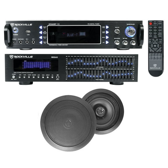 Home Theater Bluetooth Receiver+Equalizer EQ+(2) 8" Black Ceiling Speakers
