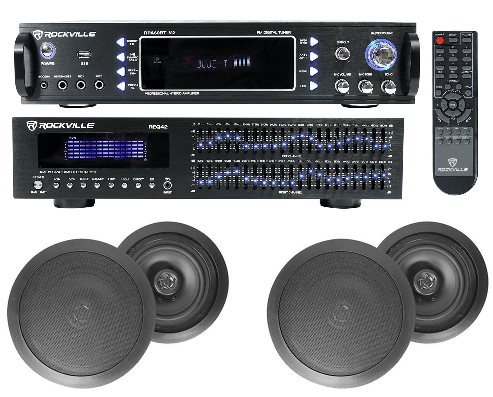 Home Theater Bluetooth Receiver+Equalizer EQ+(4) 8" Black Ceiling Speakers