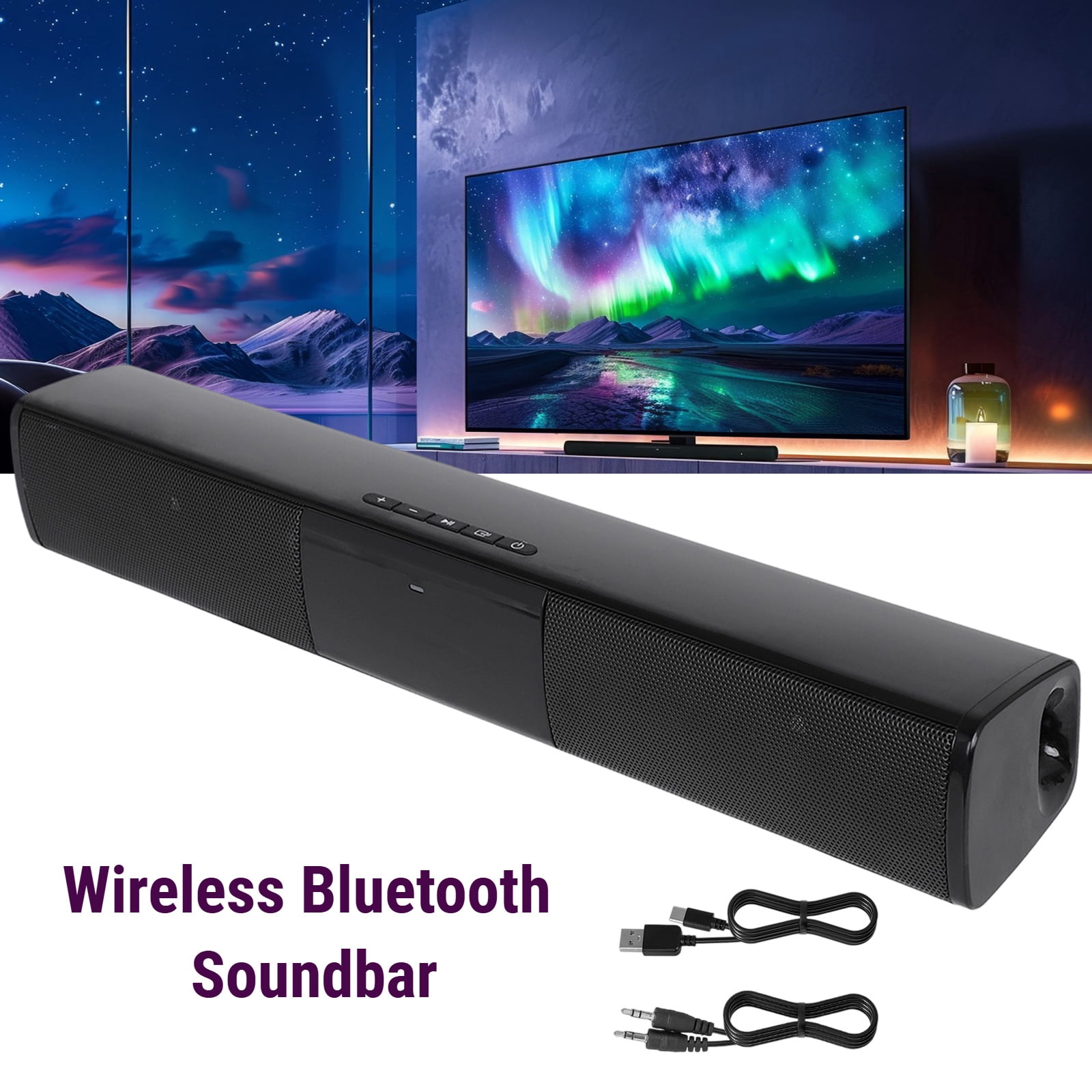 Home Theater Bluetooth Soundbar, Dual 5W Stereo, TWS Pairing, USB/TF/AUX/FM, Wireless Speaker for TV/PC/Phone