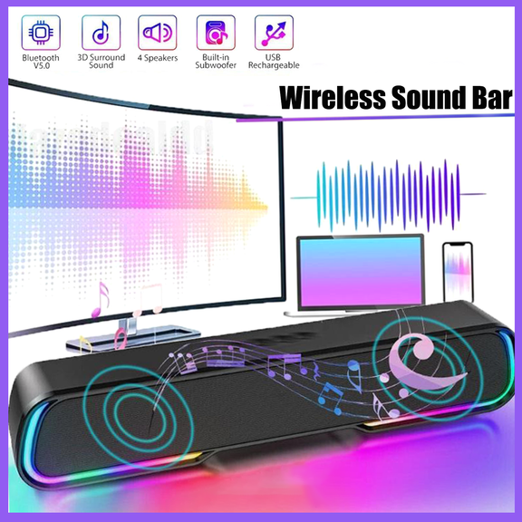Home Theater Bluetooth Soundbar with Bass, 4 Dynamic Light Modes, Bluetooth 5.0, 52mm Magnetic Speakers Compatible W/ TV, PC, Phone