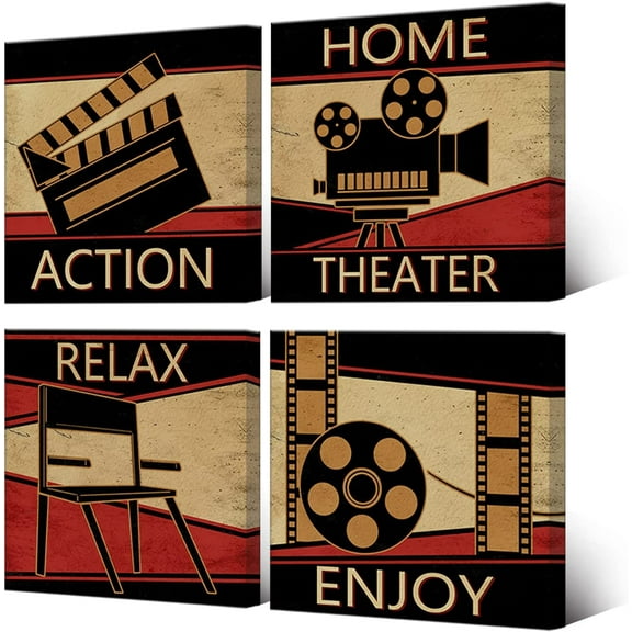 Home Theater Cinema Canvas Wall Art Prints Classic Vintage Movie Film Painting Family Entertainment Media Room Decor Stretched Framed Artwork 12"x12"x4 Panels