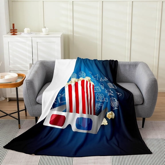 Home Theater Decor Throw Blanket Baby Size, Movie Theme Fleece Blanket for Family Film Theme Decor Sofa Bed, Popcorn Filmstrip Plush Bed Blanket, Home Movie Theater Fuzzy Blanket, Soft Lightweight